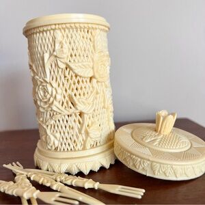 Vintage celluloid plastic faux ivory carved serving fork set